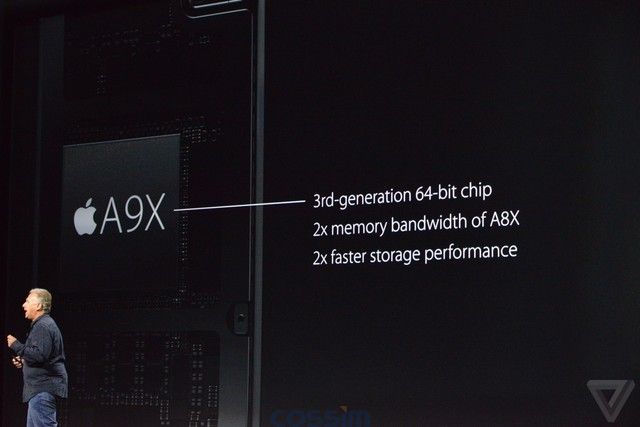 A9X处理器采用苹果第三代64位核心，带宽翻倍