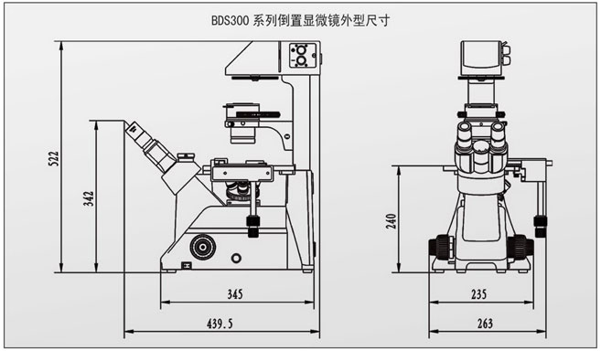 BDS300系列倒置生物显微镜外型尺寸图
